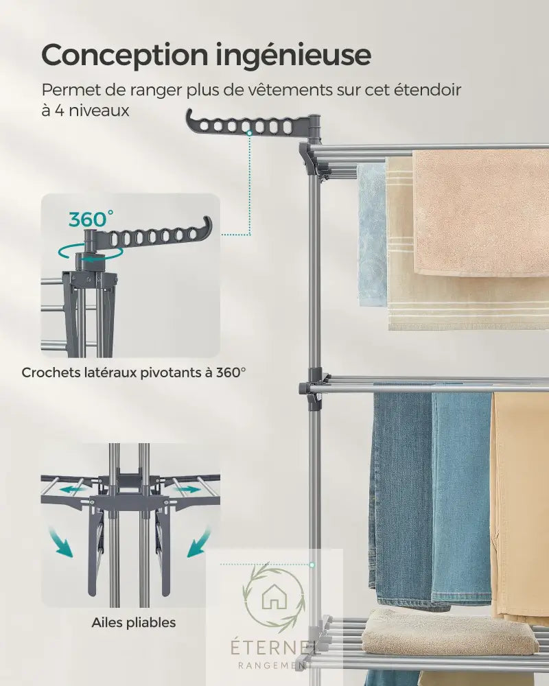 Étendoir à linge inox 4 niveaux avec roulettes – séchoir pliable grande capacité et durable