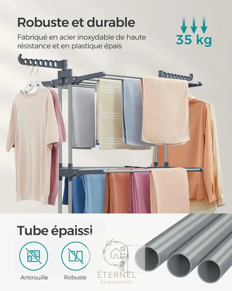 Étendoir à linge inox 4 niveaux avec roulettes – séchoir pliable grande capacité et durable