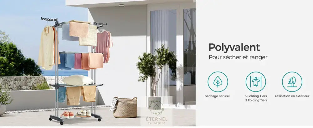 Étendoir à linge inox 4 niveaux avec roulettes – séchoir pliable grande capacité et durable