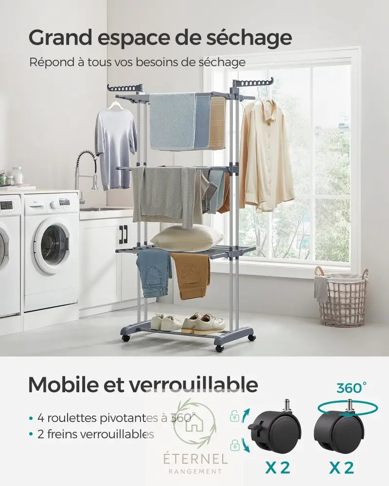 Étendoir à linge inox 4 niveaux avec roulettes – séchoir pliable grande capacité et durable