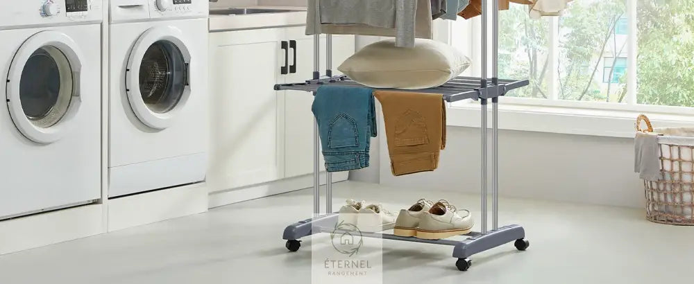 Étendoir à linge inox 4 niveaux avec roulettes – séchoir pliable grande capacité et durable