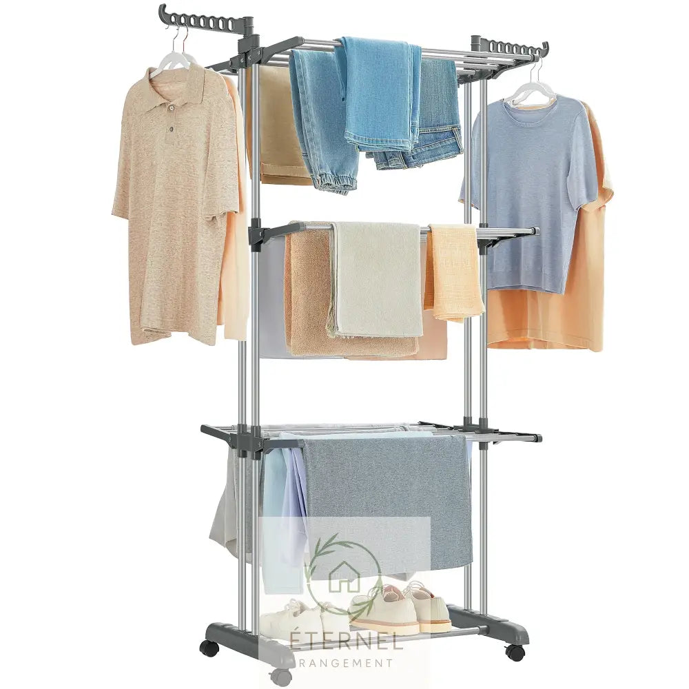 Étendoir à linge inox 4 niveaux avec roulettes – séchoir pliable grande capacité et durable