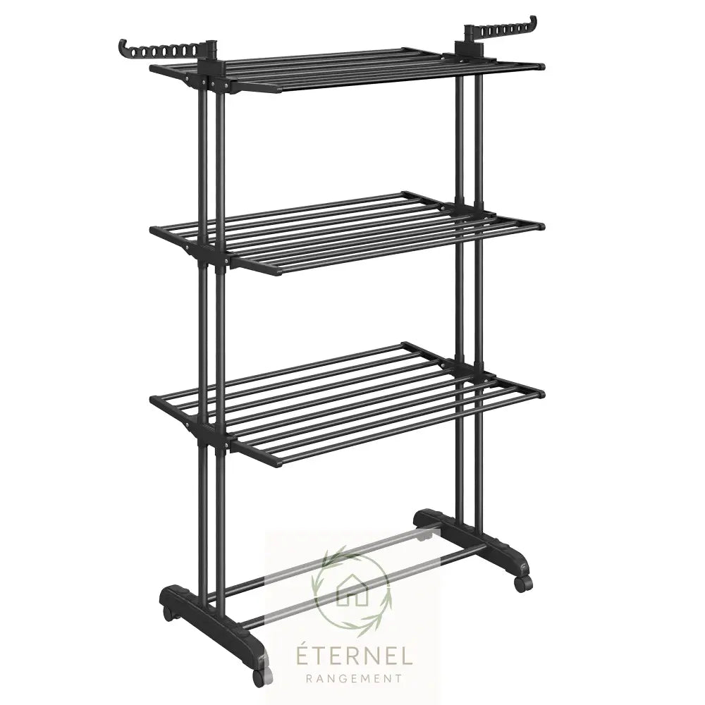 Étendoir à linge inox 4 niveaux avec roulettes – séchoir pliable grande capacité et durable Noir d’Encre