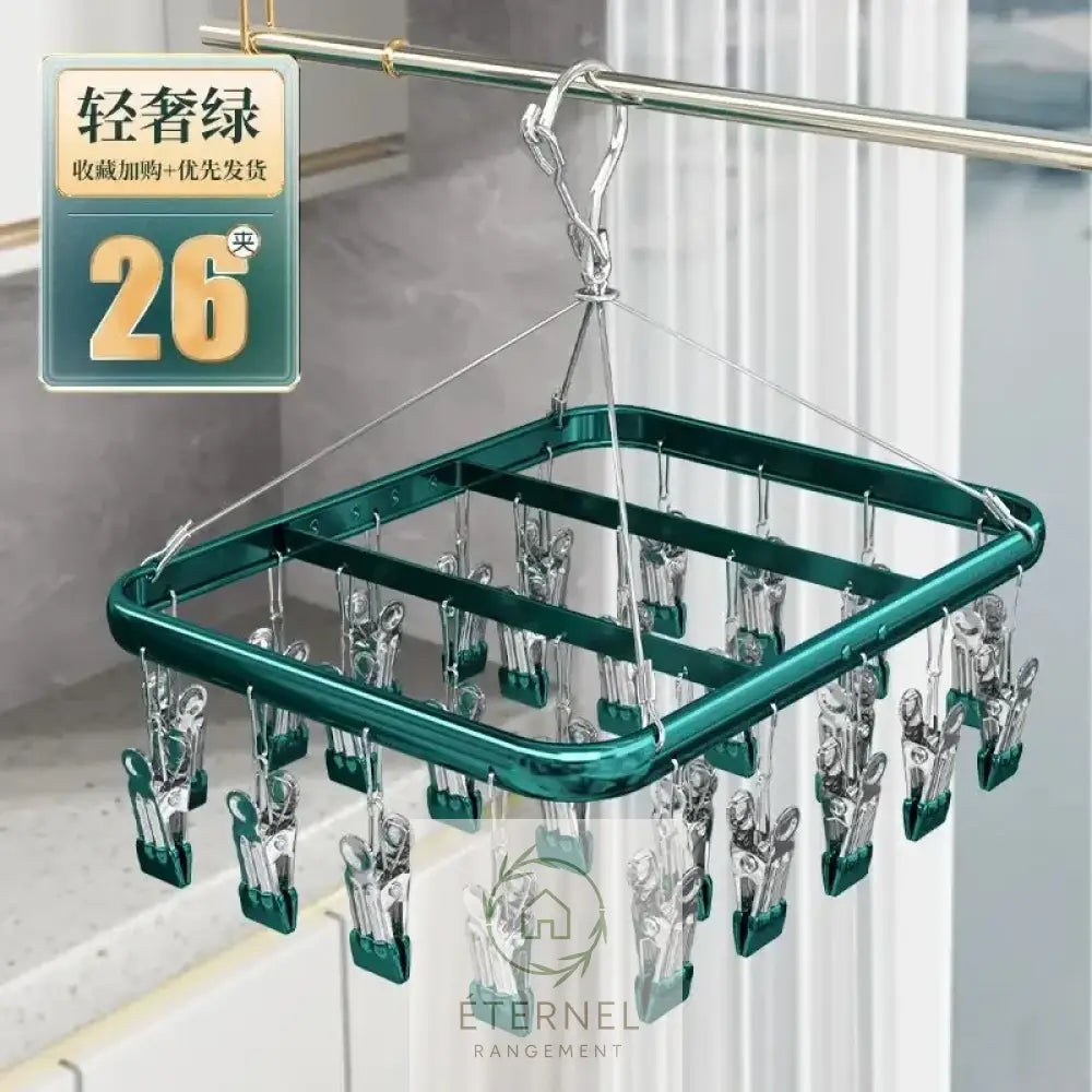 Étendoir suspendu en aluminium – résistant antidérapant et imperméable 26 clips-green