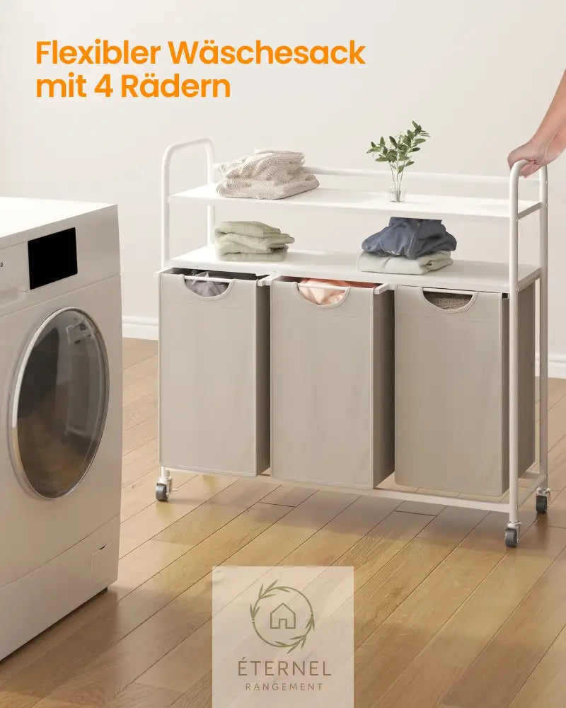 Panier à linge 3 compartiments 138 L avec étagères et roulettes – trieur robuste en acier et tissu Oxford
