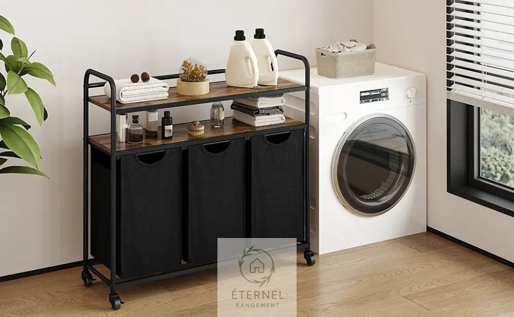 Panier à linge 3 compartiments 138 L avec étagères et roulettes – trieur robuste en acier et tissu Oxford