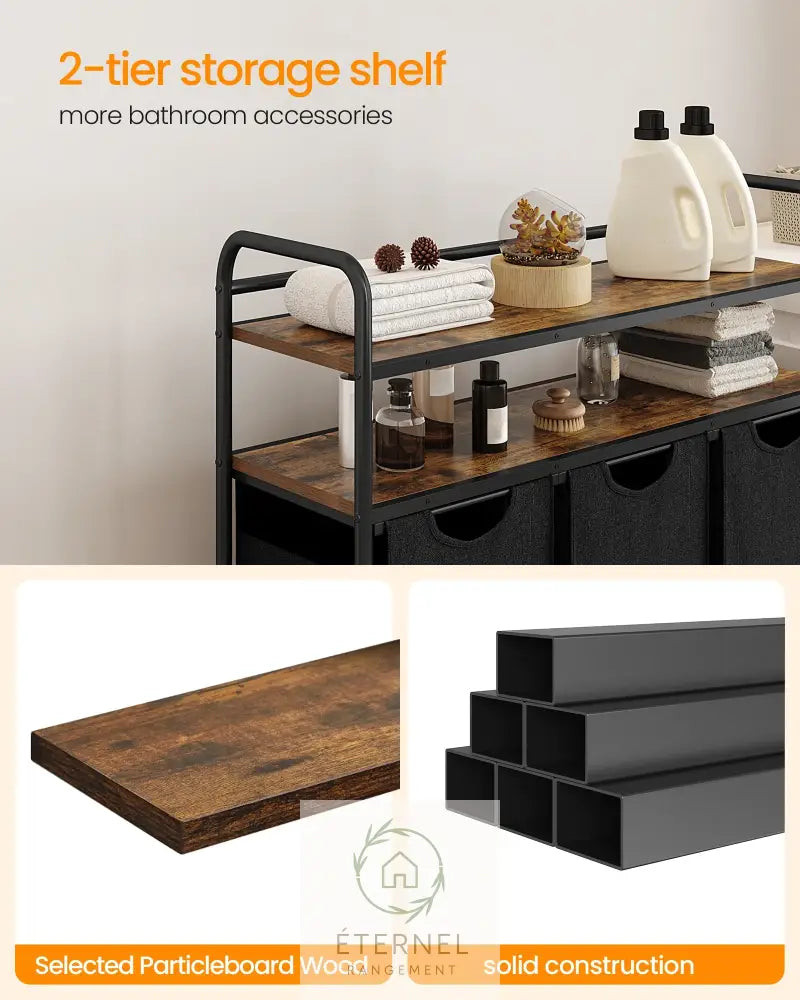 Panier à linge 3 compartiments 138 L avec étagères et roulettes – trieur robuste en acier et tissu Oxford