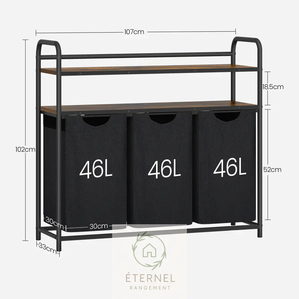 Panier à linge 3 compartiments 138 L avec étagères et roulettes – trieur robuste en acier et tissu Oxford