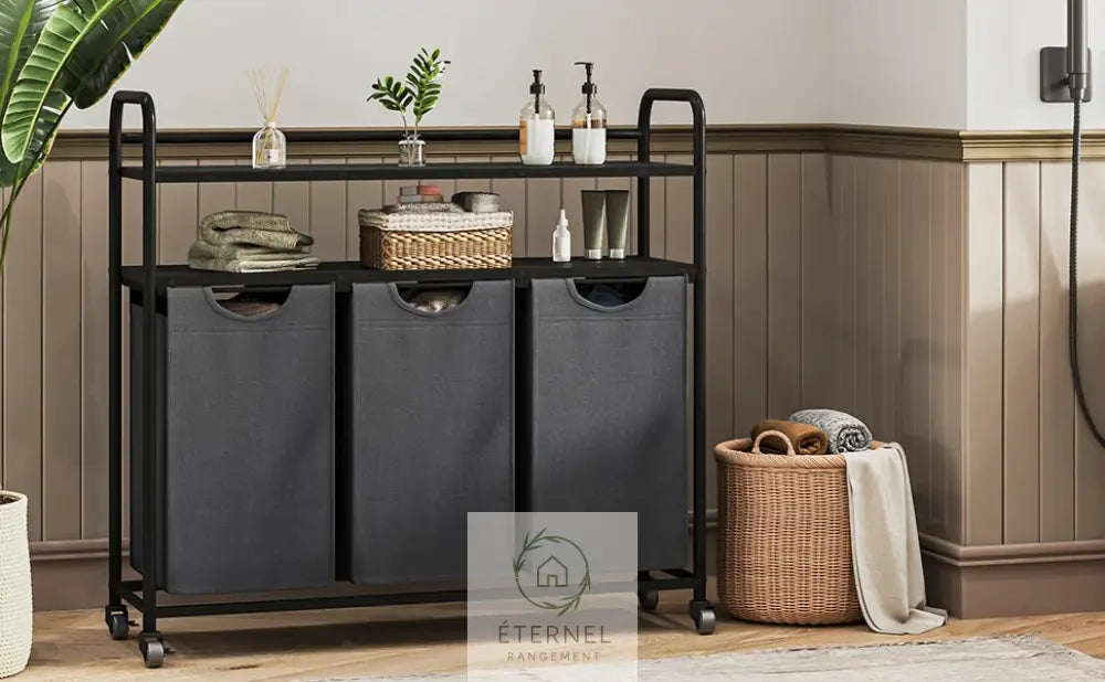 Panier à linge 3 compartiments 138 L avec étagères et roulettes – trieur robuste en acier et tissu Oxford