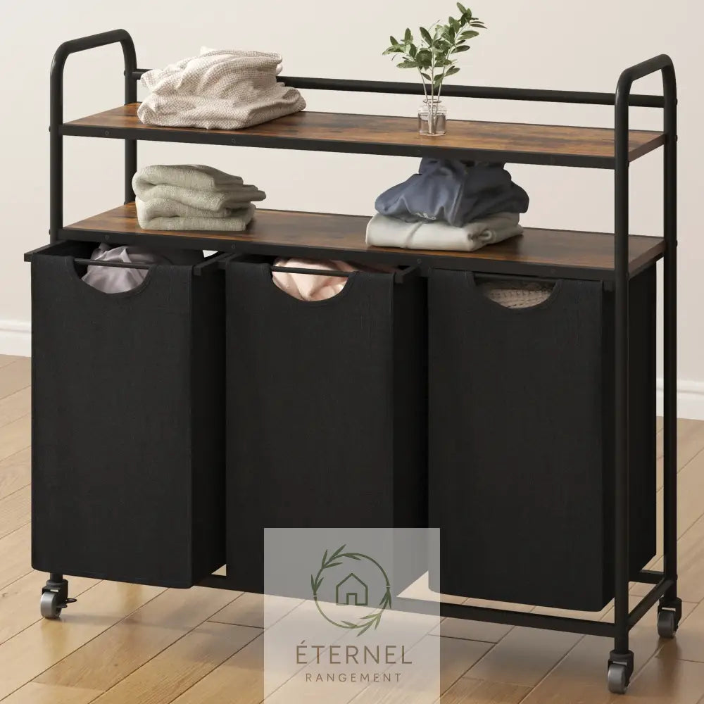 Panier à linge 3 compartiments 138 L avec étagères et roulettes – trieur robuste en acier et tissu Oxford black