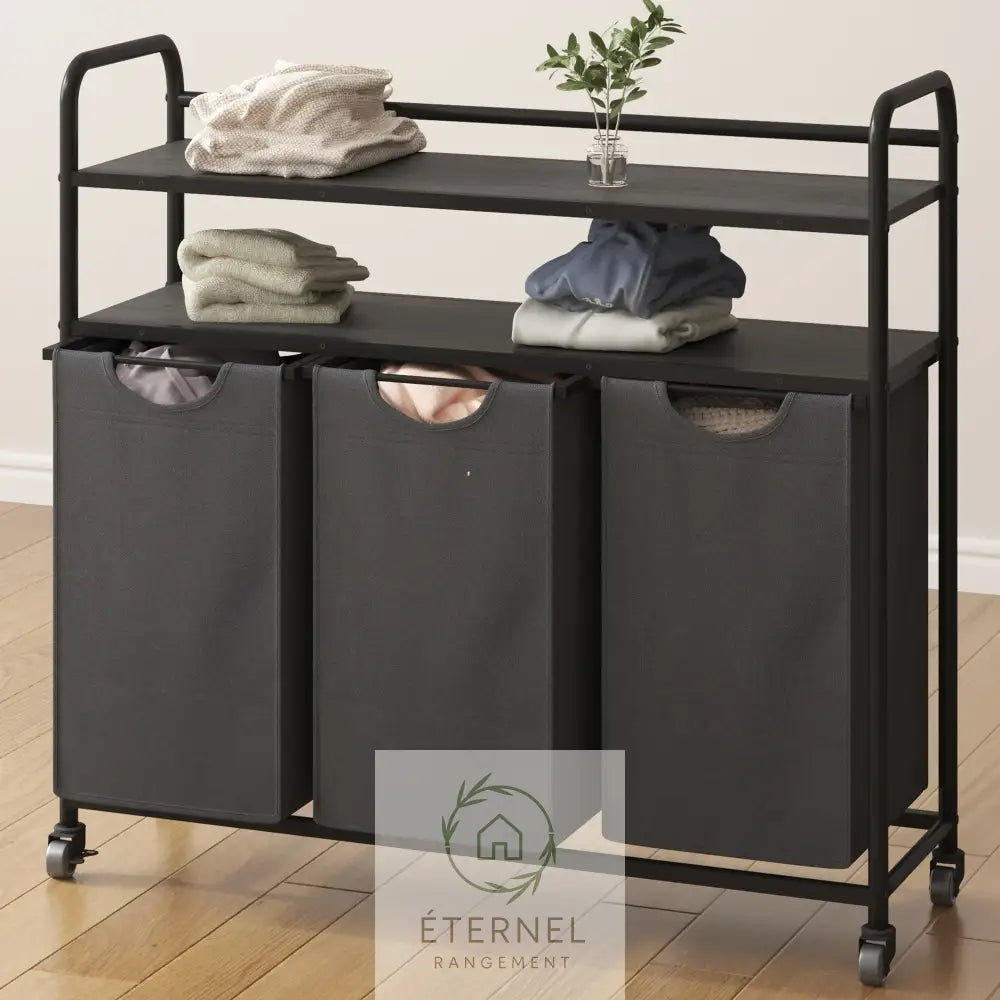 Panier à linge 3 compartiments 138 L avec étagères et roulettes – trieur robuste en acier et tissu Oxford GRAY