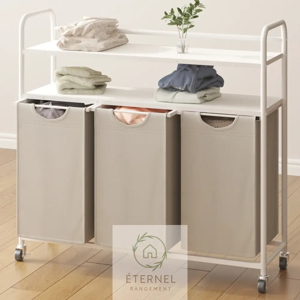 Panier à linge 3 compartiments 138 L avec étagères et roulettes – trieur robuste en acier et tissu Oxford Ivory