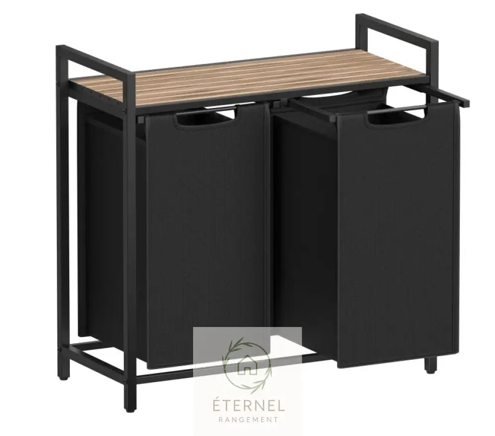 Panier à linge double compartiment 92 L avec étagère – trieur robuste en acier et tissu Oxford Marron Rustique et Noir