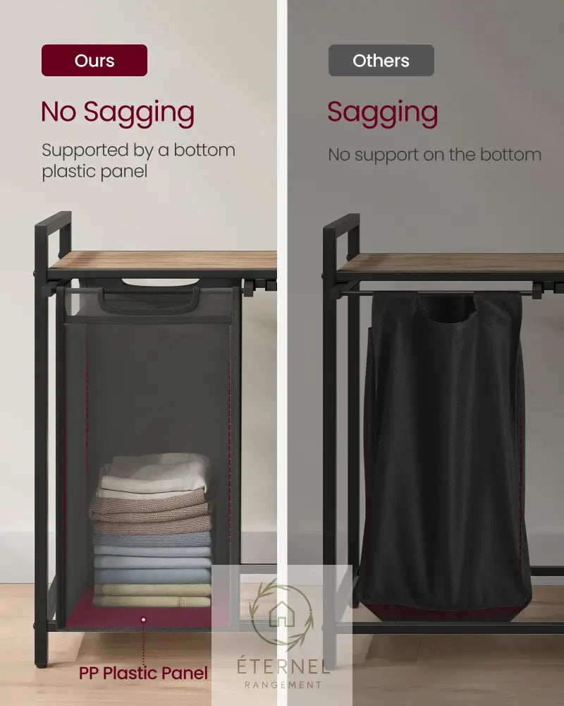 Panier à linge double compartiment 92 L avec étagère – trieur robuste en acier et tissu Oxford Marron Rustique et Noir