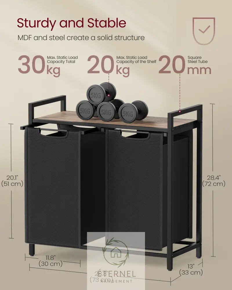 Panier à linge double compartiment 92 L avec étagère – trieur robuste en acier et tissu Oxford Marron Rustique et Noir