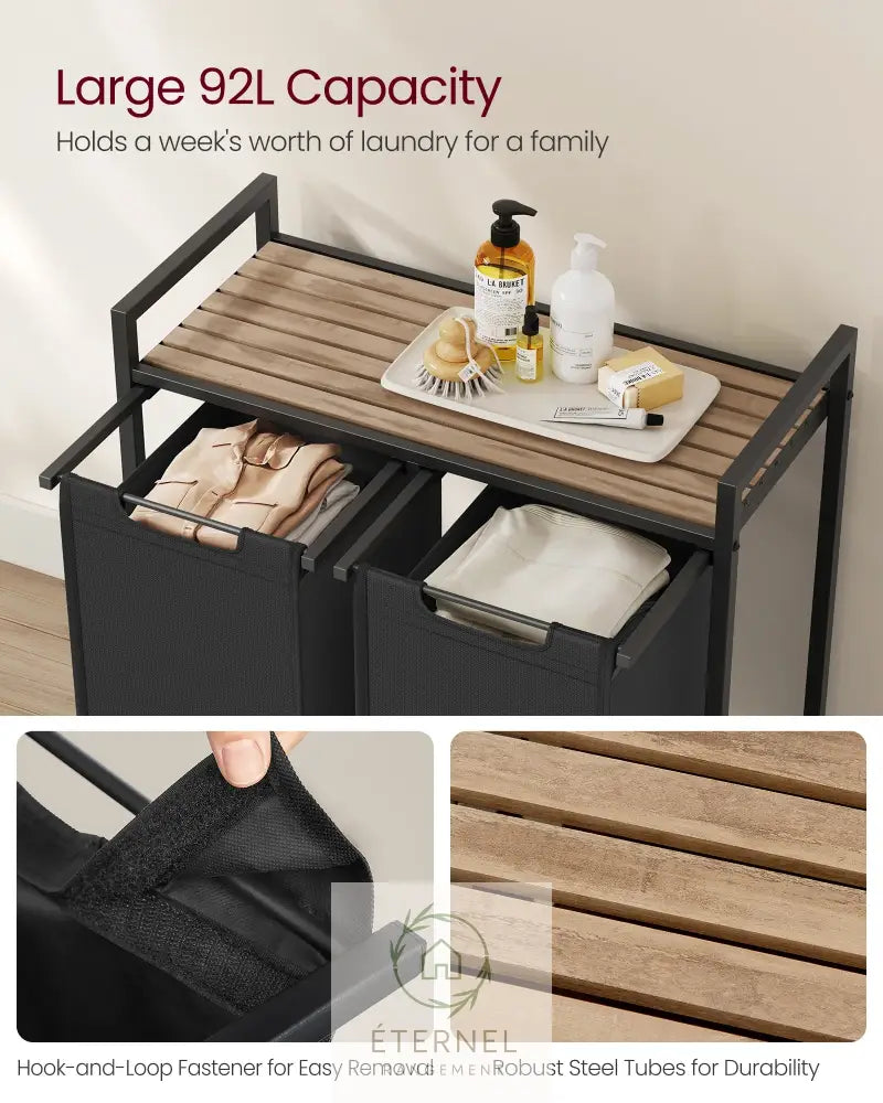 Panier à linge double compartiment 92 L avec étagère – trieur robuste en acier et tissu Oxford Marron Rustique et Noir