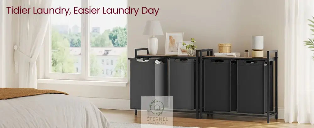 Panier à linge double compartiment 92 L avec étagère – trieur robuste en acier et tissu Oxford Marron Rustique et Noir