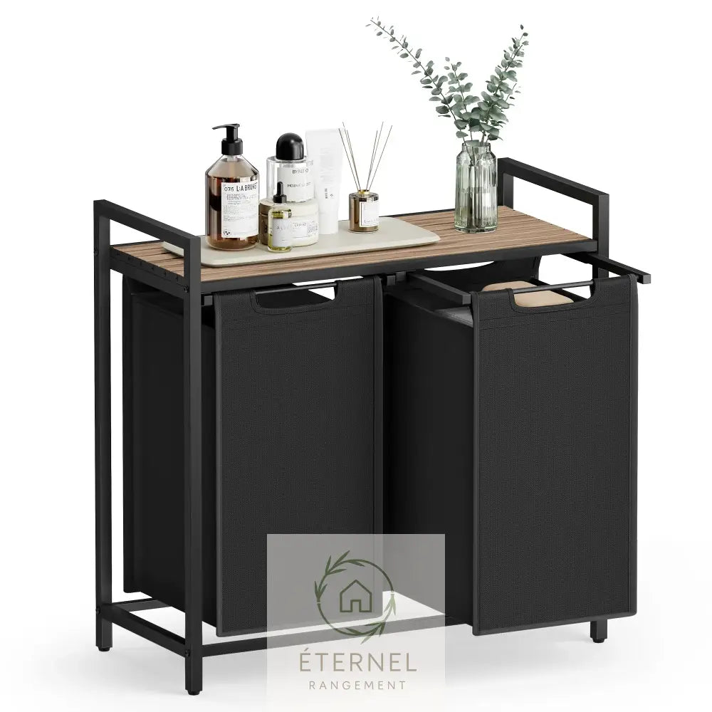 Panier à linge double compartiment 92 L avec étagère – trieur robuste en acier et tissu Oxford Marron Rustique et Noir