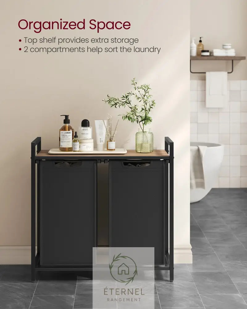 Panier à linge double compartiment 92 L avec étagère – trieur robuste en acier et tissu Oxford Marron Rustique et Noir