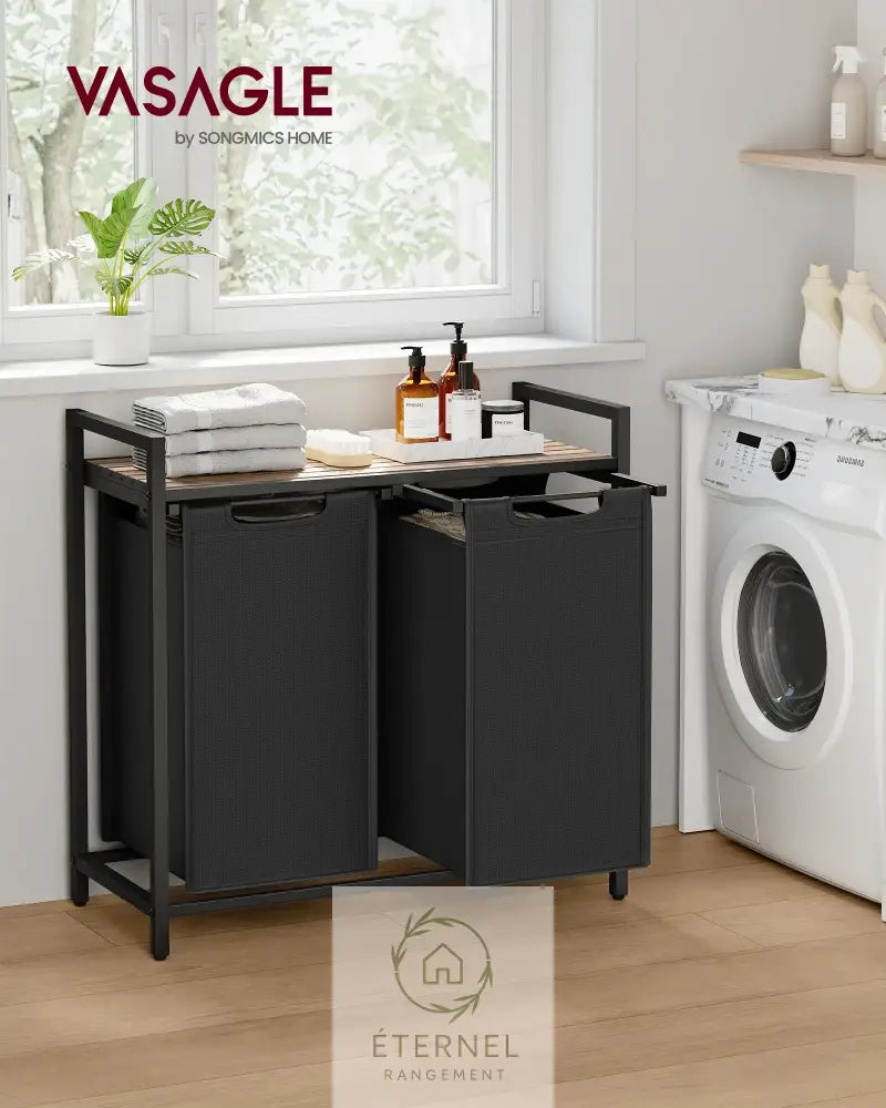 Panier à linge double compartiment 92 L avec étagère – trieur robuste en acier et tissu Oxford Marron Rustique et Noir