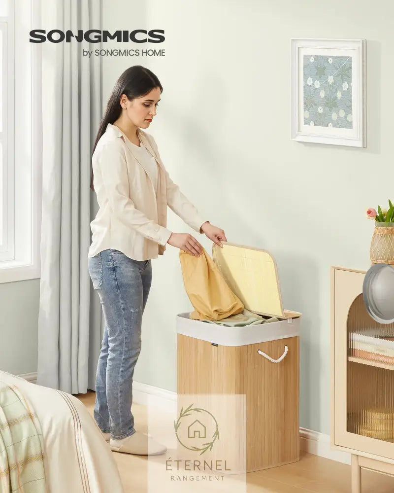 Panier à linge en bambou avec couvercle – 95 L sac amovible et poignées en coton SONGMICS