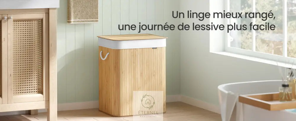 Panier à linge en bambou avec couvercle – 95 L sac amovible et poignées en coton SONGMICS
