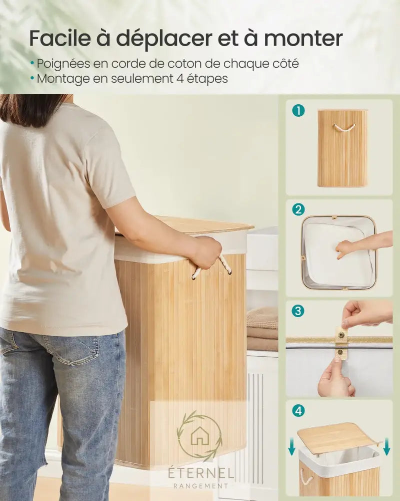 Panier à linge en bambou avec couvercle – 95 L sac amovible et poignées en coton SONGMICS