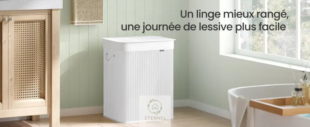 Panier à linge en bambou avec couvercle – 95 L sac amovible et poignées en coton SONGMICS