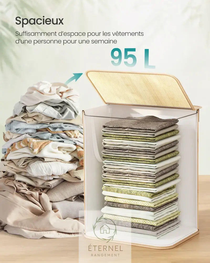 Panier à linge en bambou avec couvercle – 95 L sac amovible et poignées en coton SONGMICS