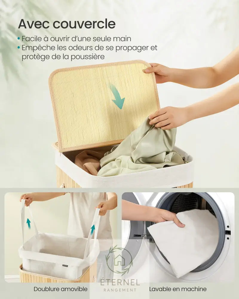 Panier à linge en bambou avec couvercle – 95 L sac amovible et poignées en coton SONGMICS