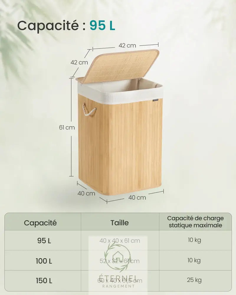 Panier à linge en bambou avec couvercle – 95 L sac amovible et poignées en coton SONGMICS