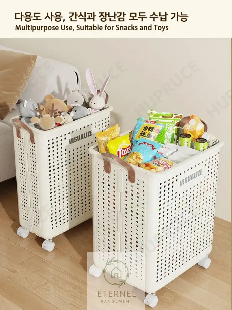 Panier à linge pliable à roulettes – bac rigide avec poignées design moderne et gain de place