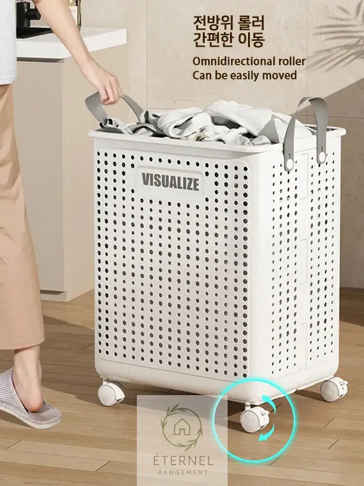 Panier à linge pliable à roulettes – bac rigide avec poignées design moderne et gain de place