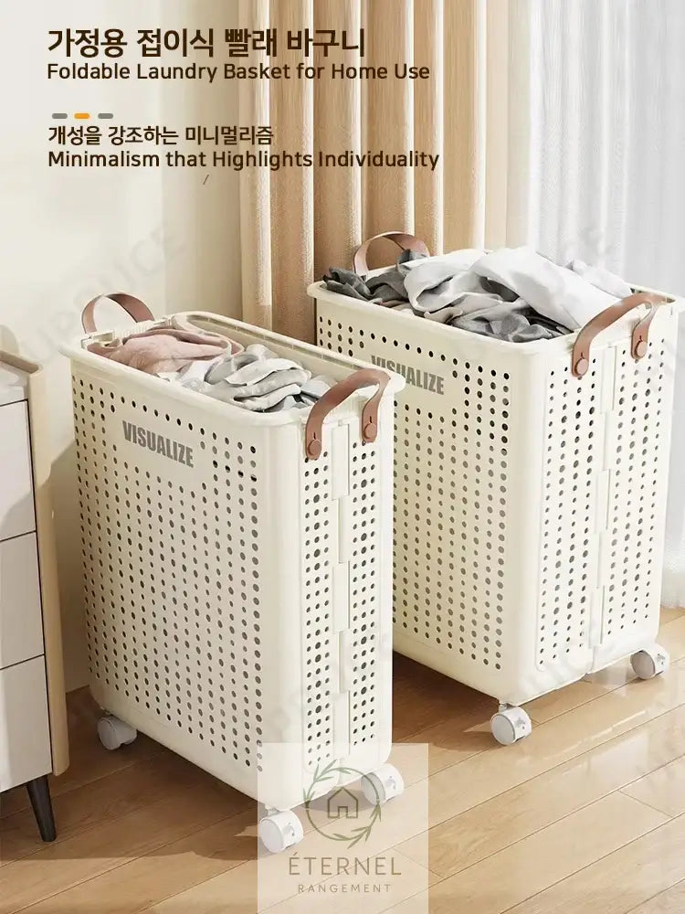 Panier à linge pliable à roulettes – bac rigide avec poignées design moderne et gain de place