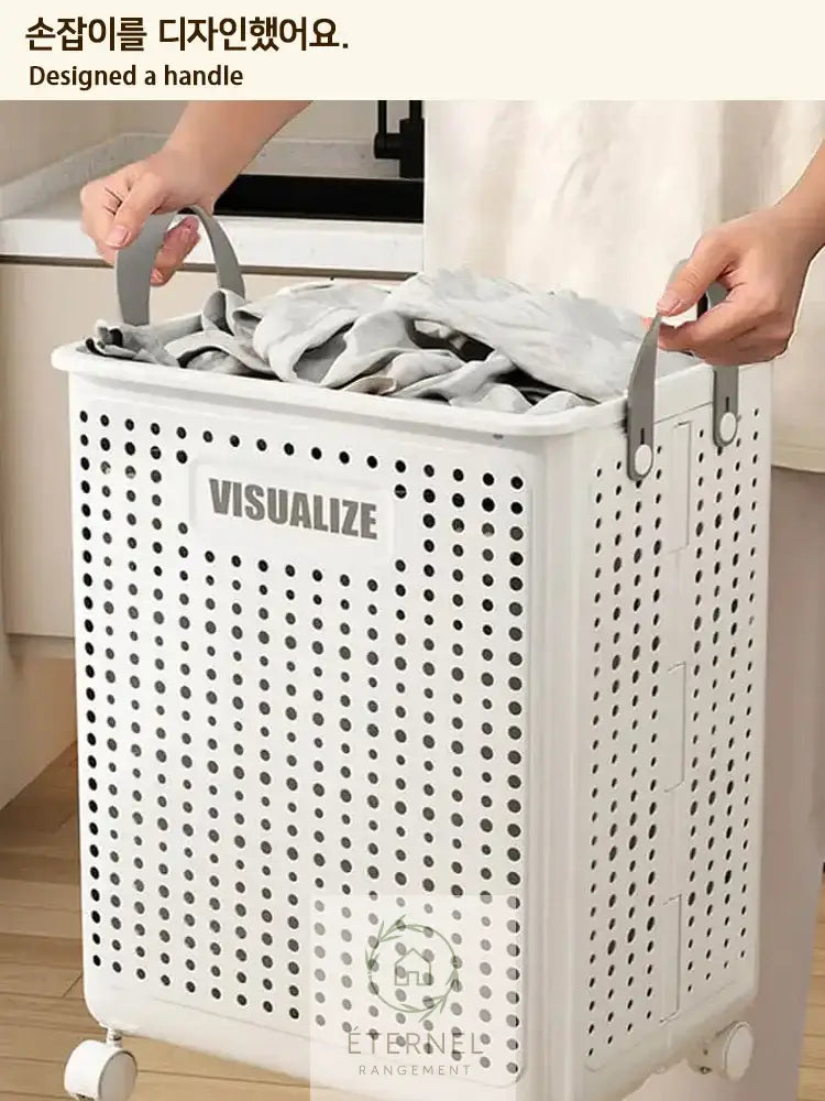 Panier à linge pliable à roulettes – bac rigide avec poignées design moderne et gain de place
