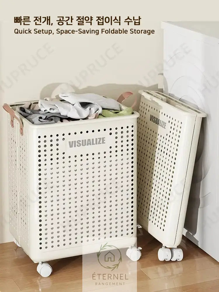 Panier à linge pliable à roulettes – bac rigide avec poignées design moderne et gain de place