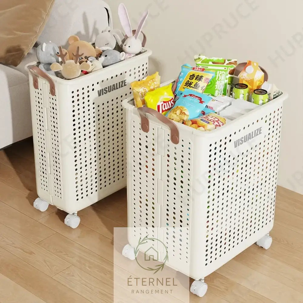 Panier à linge pliable à roulettes – bac rigide avec poignées design moderne et gain de place