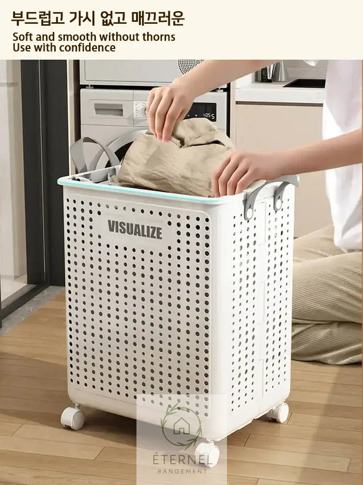 Panier à linge pliable à roulettes – bac rigide avec poignées design moderne et gain de place