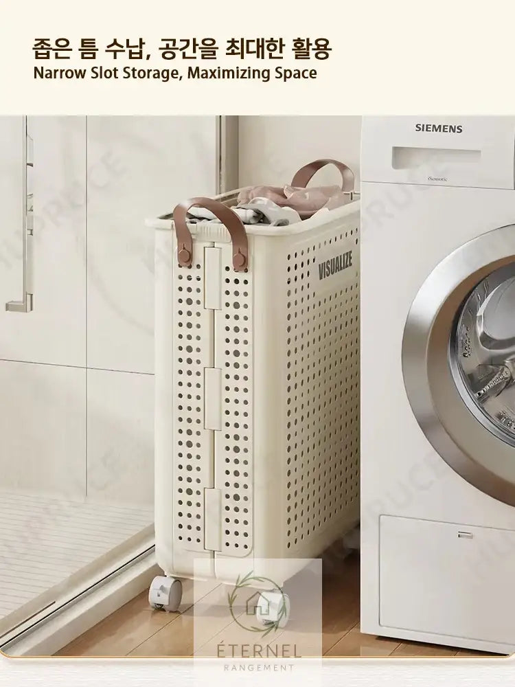 Panier à linge pliable à roulettes – bac rigide avec poignées design moderne et gain de place