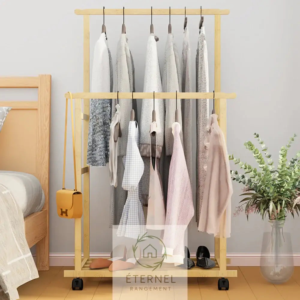 Portant à linge en bambou naturel avec roulettes – étendoir design durable et écologique Natural Wood / M