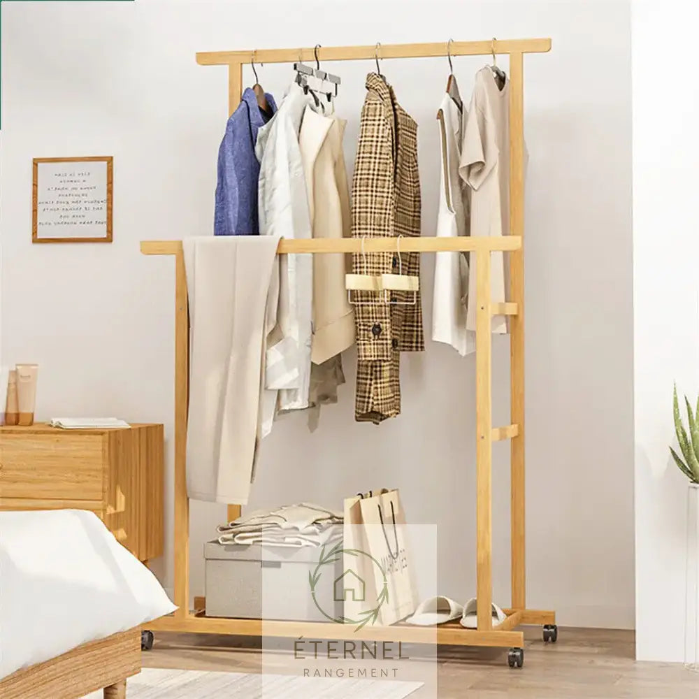 Portant à linge en bambou naturel avec roulettes – étendoir design durable et écologique Natural Wood / M
