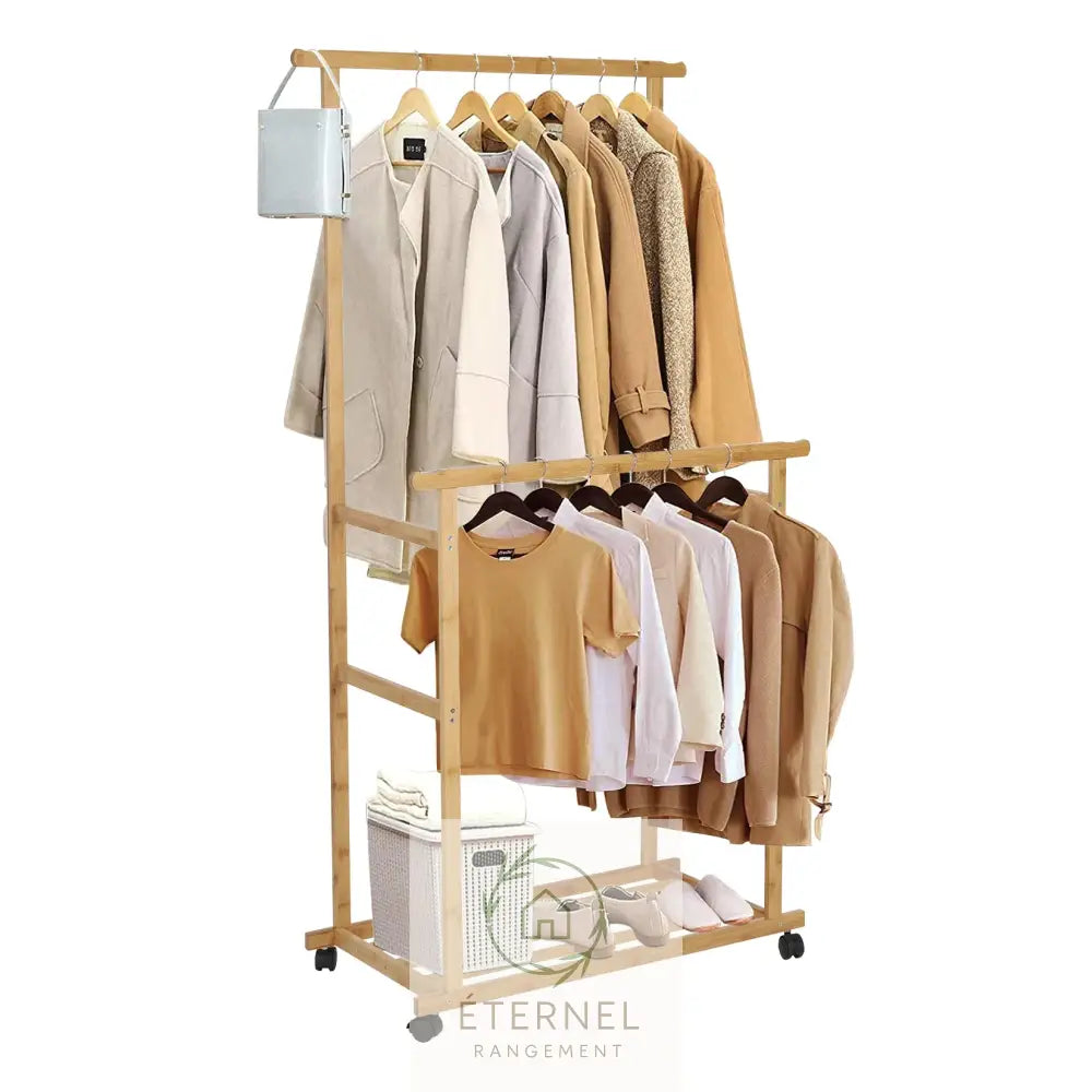 Portant à linge en bambou naturel avec roulettes – étendoir design durable et écologique Natural Wood / M