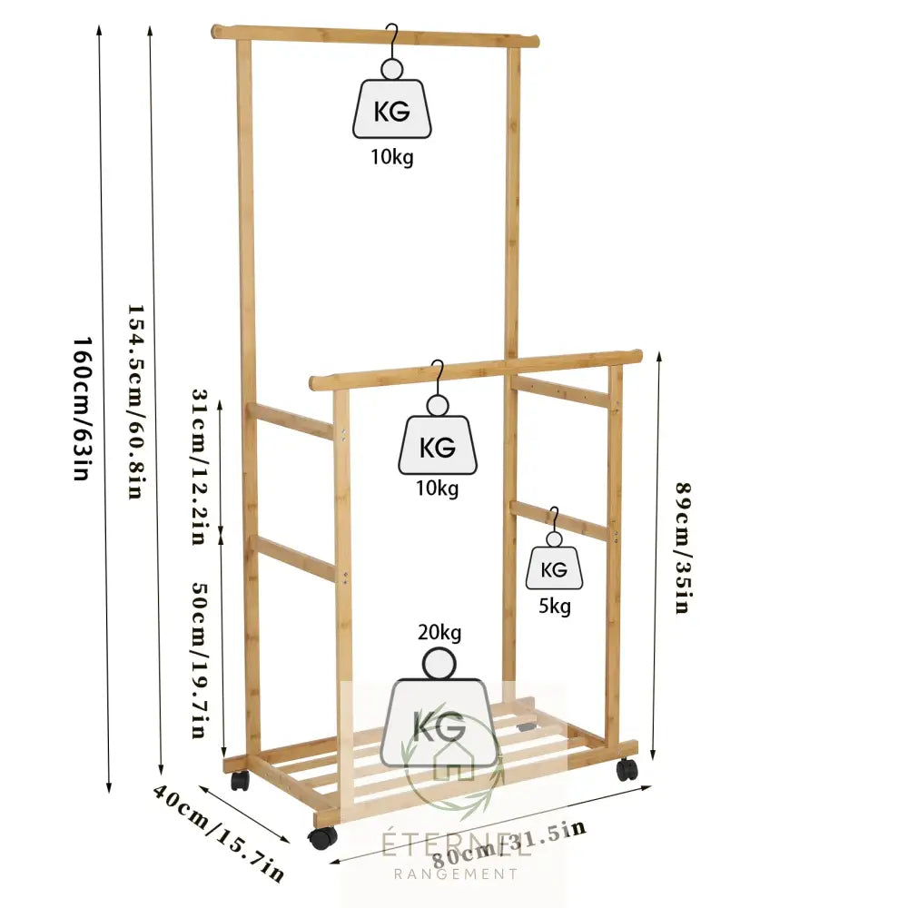 Portant à linge en bambou naturel avec roulettes – étendoir design durable et écologique Natural Wood / M