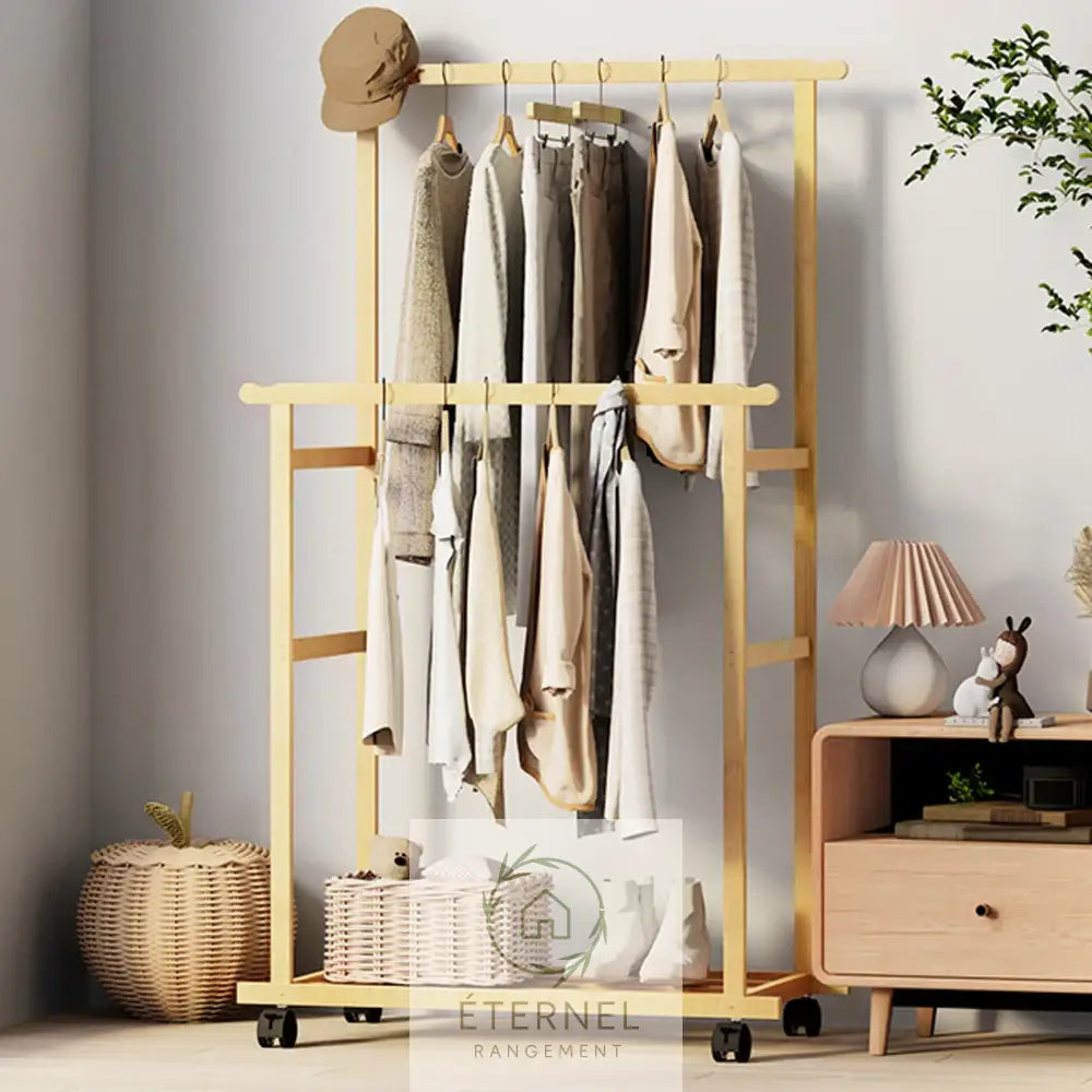Portant à linge en bambou naturel avec roulettes – étendoir design durable et écologique Natural Wood / M