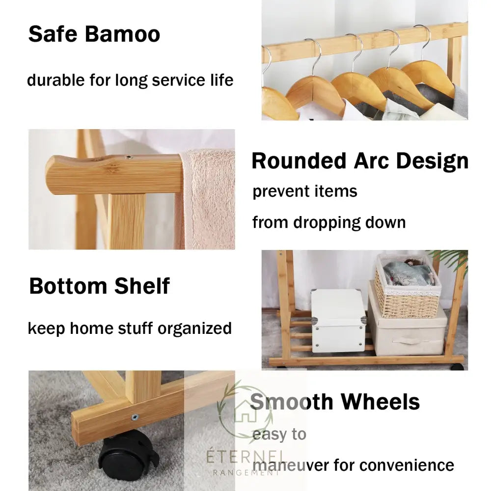 Portant à linge en bambou naturel avec roulettes – étendoir design durable et écologique Natural Wood / M