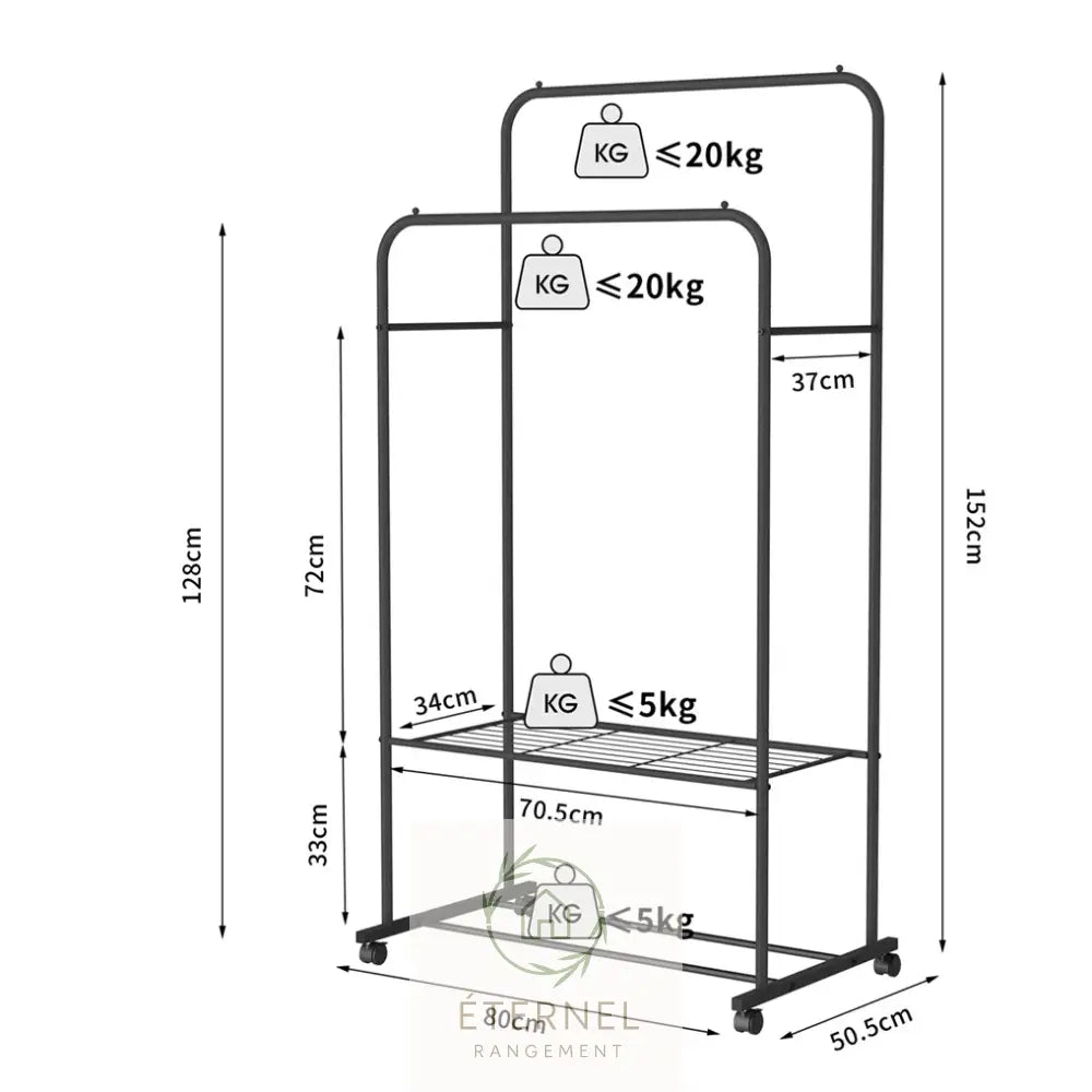 Portant à vêtements en métal avec étagères et roulettes – penderie mobile robuste 50 kg