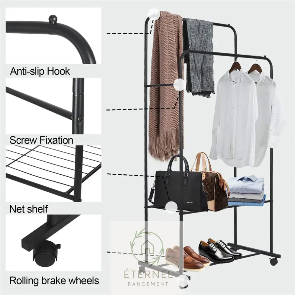 Portant à vêtements en métal avec étagères et roulettes – penderie mobile robuste 50 kg