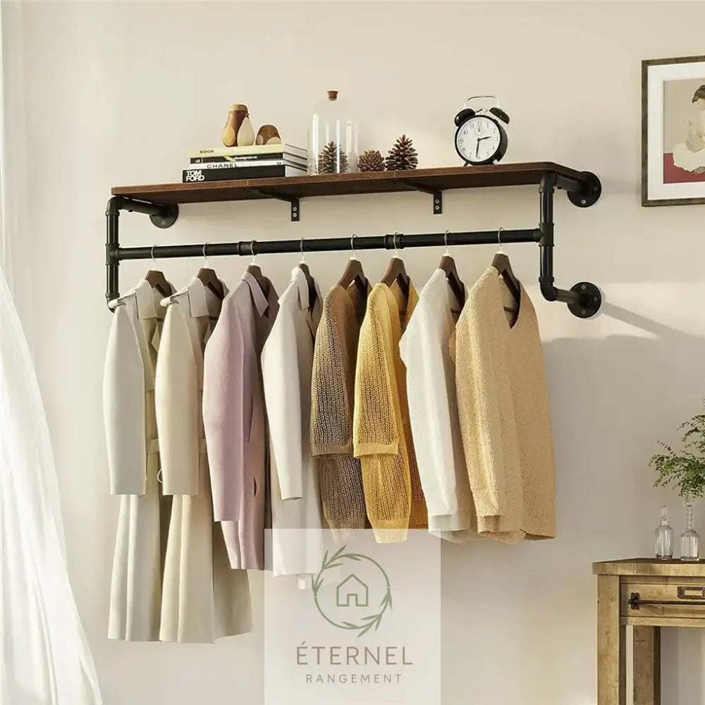 Portant mural industriel en métal et bois – étagère murale porte-vêtements design 100 cm Brown Black
