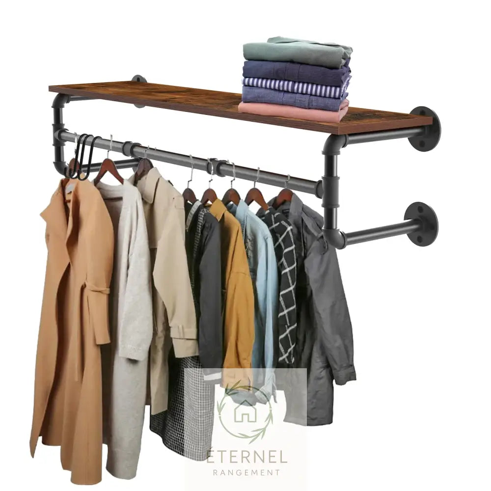 Portant mural industriel en métal et bois – étagère murale porte-vêtements design 100 cm Brown Black