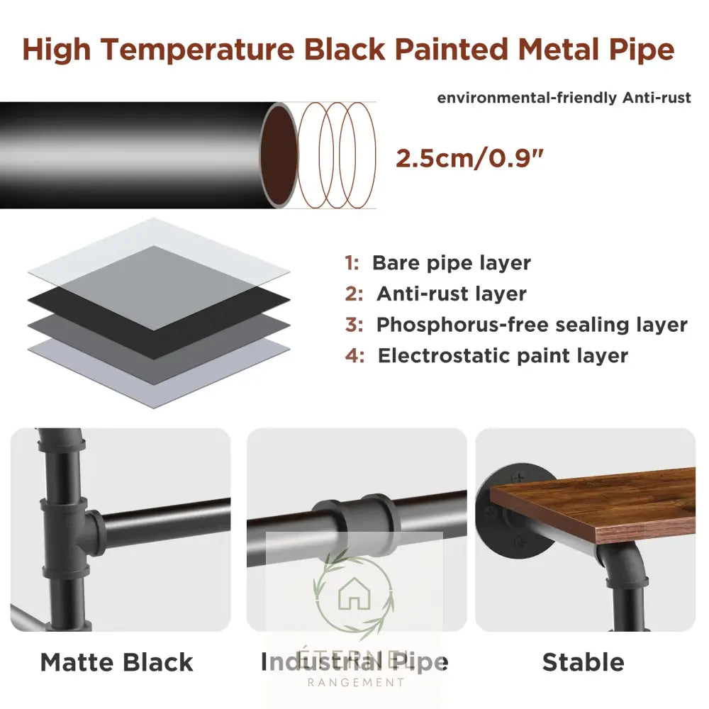 Portant mural industriel en métal et bois – étagère murale porte-vêtements design 100 cm Brown Black